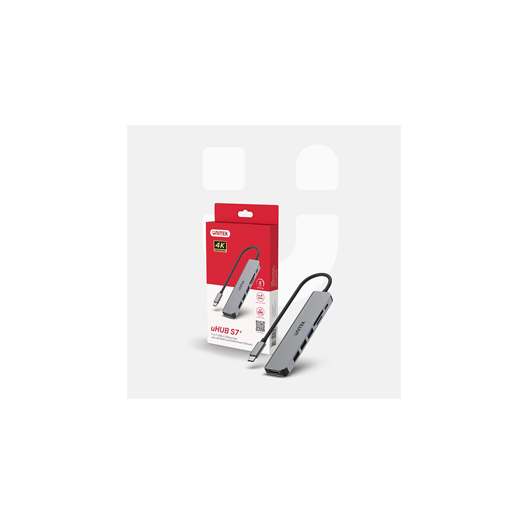 موزع Unitek H1118A uHUB S7+ USB-C 7 في 1 بسرعة 5 جيجابت في الثانية مع HDMI بدقة 4K وتوصيل طاقة 100 وات موزع Unitek H1118A uHUB S7+ USB-C 7 في 1 بسرعة 5 جيجابت في الثانية مع HDMI بدقة 4K وتوصيل طاقة 100 وات